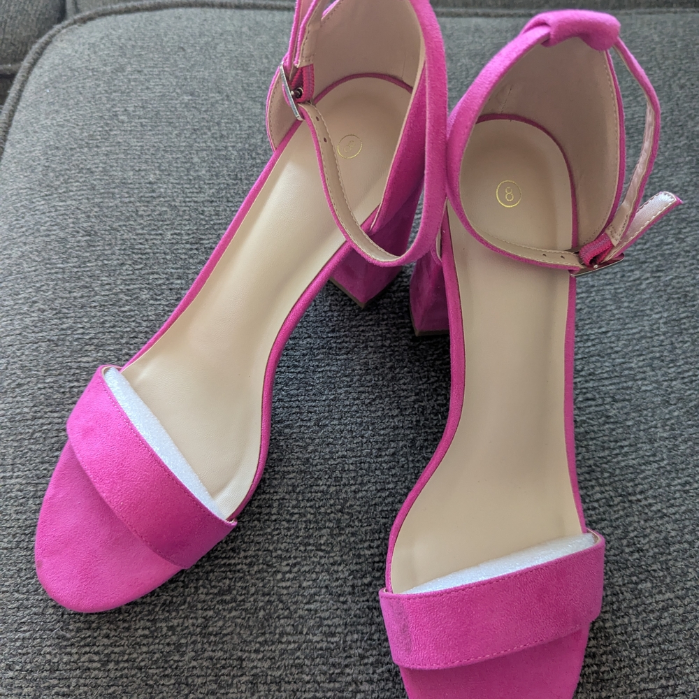 Hot Pink Suade Ankle Strap Block Heel Sandals, Size 8.5